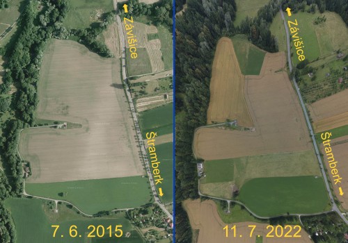 Pozemky v roce 2015 a 2022. Na leteckých snímcích jde vidět jejich rozčlenění.
